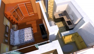 3d визуализация  Трехкомнатная квартира, Дом 1 секция А,  общая площадь 42,04 кв.м. ЖК Розенталь. 