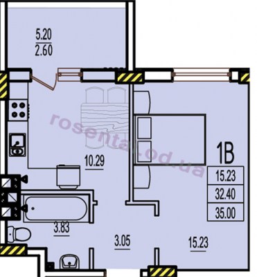 Общая площадь 35,00 м² комната 15,23 м² кухня 10,29 м² коридор 3,05 м² санузел 3,83 м² лоджия 5,20 м²