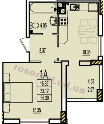 Общая площадь 35,39 м² комната 15,35 м² кухня 10,35 м² коридор 3,37 м² санузел 4,05 м² лоджия 4,53 м²