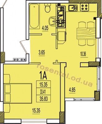 Общая площадь 35,83 м² комната 15,35 м² кухня 10,36 м² коридор 3,65 м² санузел 4,05 м² лоджия 4,85 м²
