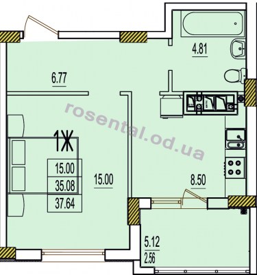  Дом, 3, секция, а,  Однокомнатная квартира  общая площадь 37,64 м² кв.м, ЖК Розенталь. 