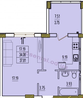 Дом 3 секция А, Однокомнатная квартира  общая площадь 37,81 м². ЖК Розенталь.
