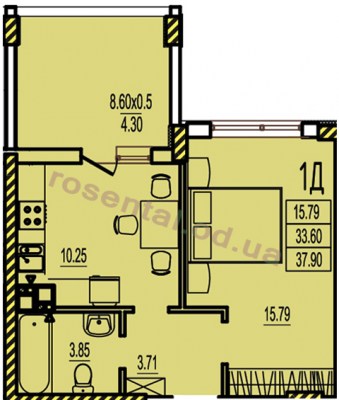 Общая площадь 37,90 м² комната 15,79 м² кухня 10,25 м² коридор 3,71 м² санузел 3,85 м² лоджия 8,60 м²