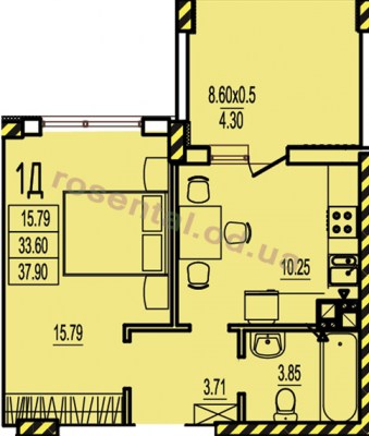 Общая площадь 37,90 м² комната 15,79 м² кухня 10,25 м² коридор 3,71 м² санузел 3,85 м² лоджия 8,60 м²