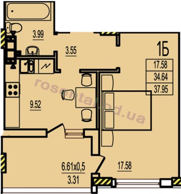 Общая площадь 37,95 м² комната 17,58 м² кухня 9,52 м² коридор 3,55 м² санузел 3,99 м² лоджия 6,61 м²