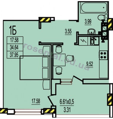 Общая площадь 37,95 м² комната 17,58 м² кухня 9,52 м² коридор 3,55 м² санузел 3,99 м² лоджия 6,61 м²