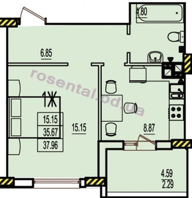 Общая площадь 37,96 м² комната 15,15 м² кухня 8,87 м² коридор 6,85 м² санузел 4,80 м² лоджия 4,59 м²