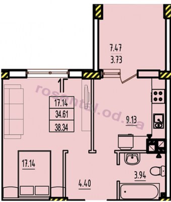 Общая площадь 38,34 м² комната 17,14 м² кухня 9,13 м² коридор 4,40 м² санузел 3,94 м² лоджия 7,47 м²