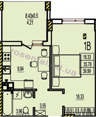 Общая площадь 39,99 м² комната 18,33 м² кухня 9,94 м² коридор 3,55 м² санузел 3,96 м² лоджия 8,43 м²
