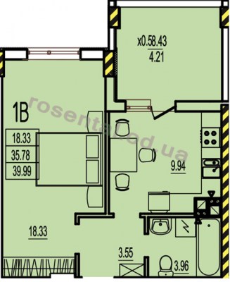 Общая площадь 39,99 м² комната 18,33 м² кухня 9,94 м² коридор 3,55 м² санузел 3,96 м² лоджия 8,43 м²