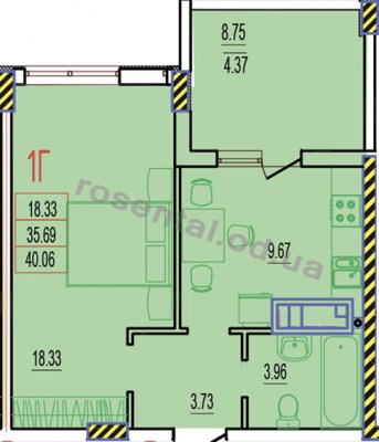 Общая площадь 40,06 м² комната 18,33 м² кухня 9,67 м² коридор 3,73 м² санузел 3,96 м² лоджия 8,75 м²