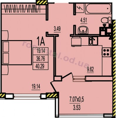 Общая площадь 40,29 м² комната 19,14 м² кухня 9,62 м² коридор 3,49 м² санузел 4,51 м² лоджия 7,07 м²