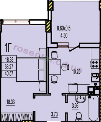 Общая площадь 40,57 м² комната 18,33 м² кухня 10,25 м² коридор 3,73 м² санузел 3,96 м² лоджия 8,60 м²