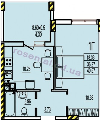 Общая площадь 40,57 м² комната 18,33 м² кухня 10,25 м² коридор 3,73 м² санузел 3,96 м² лоджия 8,60 м²