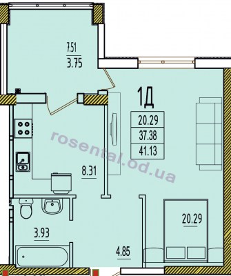 Общая площадь 41,13 м² комната 20,29 м² кухня 8,31 м² коридор 4,85 м² санузел 3,93 м² лоджия 7,51 м²