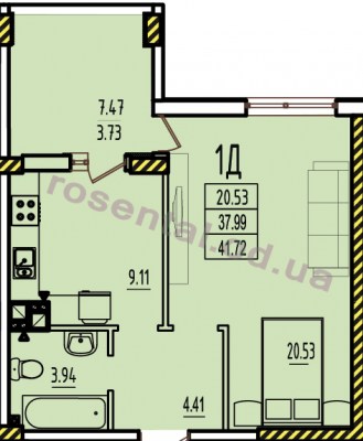 Общая площадь 41,72 м² комната 20,53 м² кухня 9,11 м² коридор 4,41 м² санузел 3,94 м² лоджия 7,47 м²
