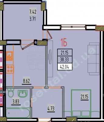 Однокомнатная квартира, Дом 1 секция Б,  площадь 42,04 кв.м. ЖК Розенталь.