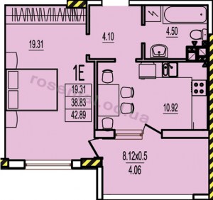 Общая площадь 42,89 м² комната 19,31 м² кухня 10,92 м² коридор 4,10 м² санузел 4,50 м² лоджия 8,12 м²