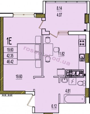 Общая площадь 46,42 м² комната 19,60 м² кухня 8,50 м² коридор 6,12 м² санузел 4,81 м² лоджия 8,14 м²