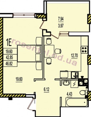 Общая площадь 46,82 м² комната 19,60 м² кухня 12,70 м² коридор 6,12 м² санузел 4,43 м² лоджия 7,94 м²