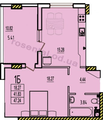 Общая площадь 47,24 м² комната 18,27 м² кухня 15,28 м² коридор 4,44 м² санузел 3,84 м² лоджия 10,82 м²