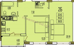 Дом 1 секция А, Двухкомнатная квартира,  площадь 56.53 кв.м. ЖК Розенталь.