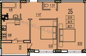 Общая площадь 56,77 м² комната 20,20 м² комната 12,23 м² кухня 8,88 м² коридор 7,47 м² ванная 4,46 м² туалет 1,51 м² лоджия 4,04 м²