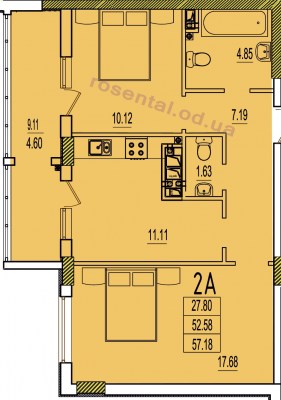 Дом 3 секция А, Двухкомнатная квартира,  площадь 57,18 кв.м. ЖК Розенталь.