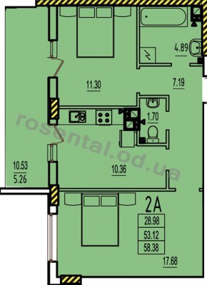 Общая площадь 58,38 м² комната 17,68 м² комната 11,30 м² кухня 10,36 м² коридор 7,19 м² ванная 4,89 м² туалет 1,70 м² лоджия 10,53 м²