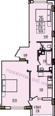 Общая площадь 59,38 м² комната 20,78 м² комната 14,93 м² кухня 9,26 м² коридор 6,49 м² ванная 4,04 м² туалет 1,50 м² лоджия 4,76 м²