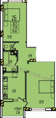 Общая площадь 59,38 м² комната 20,78 м² комната 14,93 м² кухня 9,26 м² коридор 6,49 м² ванная 4,04 м² туалет 1,50 м² лоджия 4,76 м²