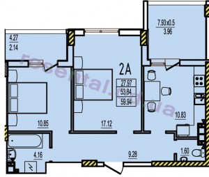 Общая площадь 59,94 м² комната 17,12 м² комната 10,85 м² кухня 10,83 м² коридор 9,28 м² ванная 4,16 м² туалет 1,60 м² лоджия 7,93 м² лоджия 4,27 м²