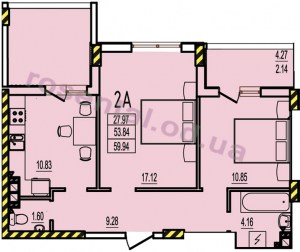 Общая площадь 59,94 м² комната 17,12 м² комната 10,85 м² кухня 9,26 м² коридор 9,28 м² ванная 4,16 м² туалет 1,60 м² лоджия 4,27 м² лоджия  4.21 м²