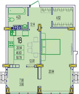 Общая площадь 39,41 м² комната 17,40 м² кухня 10,42 м² коридор 3,91 м² санузел 3,91 м² лоджия 7,54 м²